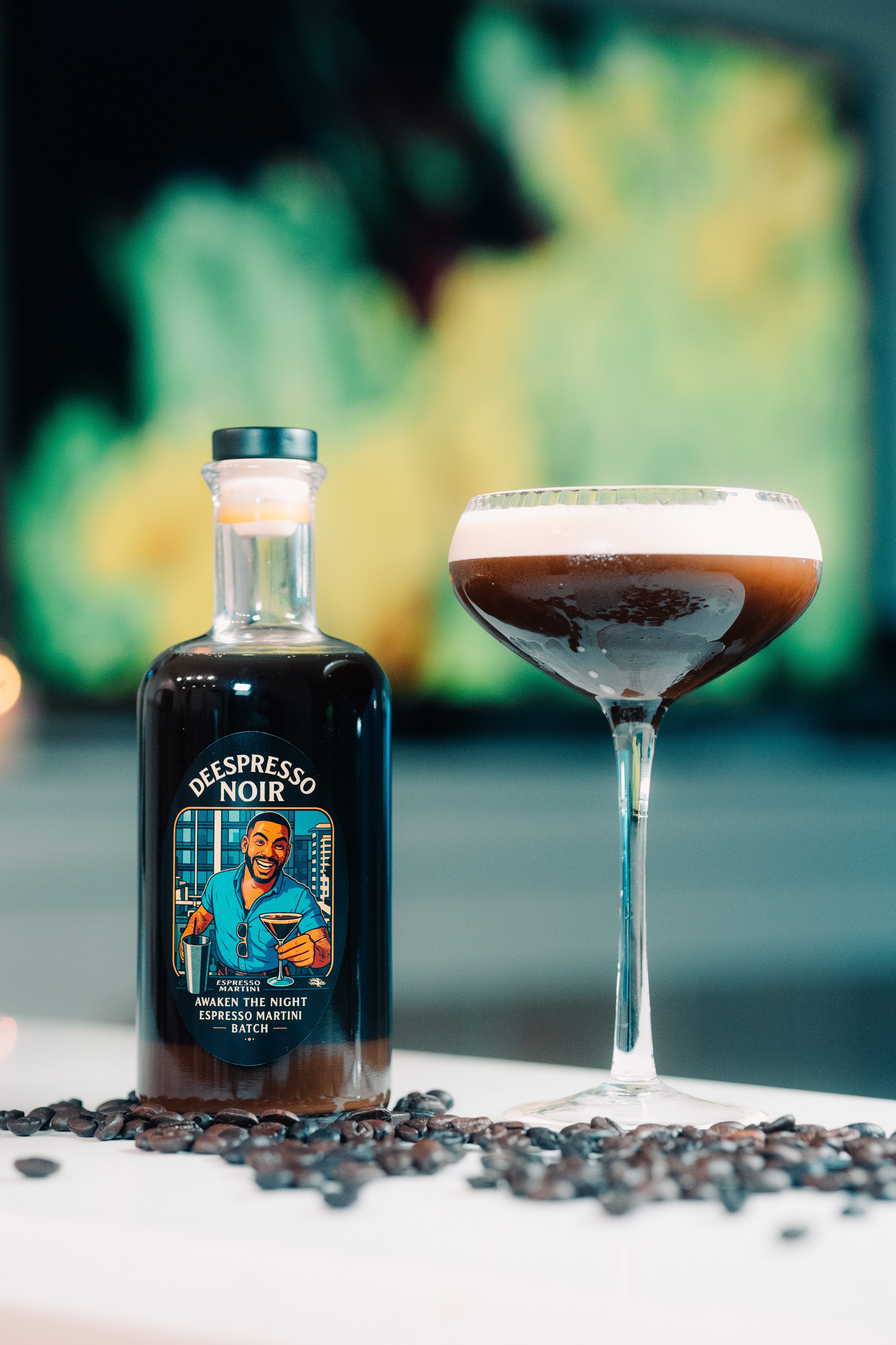 Deespresso Noir Premium Espresso Martini bottle on dark background with dramatic lighting